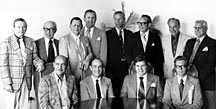 Members of the board in 1974 included, seated: Henry Kalmus, Sr., Kalmus & Associates; Jim Swiggett, Photocircuits and President of the IPC; Marv Larson, Bureau of Engraving; and Dennis Stalzer, Graphic Research. Standing: Bill McGinley, Methode; Dave Easton, Agard; George Morse, Cinch-Graphik; George Holmes, TRW; Ted Thomas, Ansley, Bill Hangen, Sheldahl; Dick Zens, Electralab; and Bill Guyette, ACD Litton.