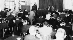 IPC sponsorship of a Reliability Seminar on Printed Circuit Boards in TV Applications. Seated left to right: Bob Swiggett, Photocircuits; John Currier, New England Laminates; and Frank Moch, a representative from NATESA, who reported on the survey results indicating reliability data.