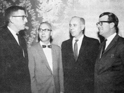 Chairmen of the IPC technical committees. Left to right: L.A. Gunsaulus, Photocircuits Corp., Dimensional Tolerances Committee; C.G. Kepple, Motorola, Inc., Committee on Repairability; E.E. Wright, Bell Laboratories, Through Connection Commmittee, and J.E. Currier, New England Laminates Company, Raw Materials Committee.