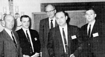 IPC Packaging Trends Seminar. From left to right: Robert Swiggett, Photocircuits; Joseph Chenail, Hybrid Integrated Circuits; Jack Kilby, inventor of the semiconductor, Dieter Bergman, Philco Corp.; and C.P. Hill, IBM.