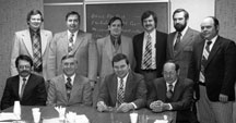 Members of the original TMRC Steering Committee. Seated: Ken Malgren, Norplex; Milt Smith, Westinghouse; Marv Larson, Bureau of Engraving; Don Goffredo, Chemcut. Standing: Steve Hudson, Owens-Corning; Jerry Siegmund and Charles Cobb, MacDermid; Chris Kalmus, Kalmus & Associates; and Jack McFalls, Western Electric.