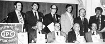 President's Award Recipients: Seated: Irv Ireland, Shipley; Paul Twigg, IBM; Jim Kubik, Hughes; and Gordon Buchi, Ciba-Geigy. Standing; Rene Moser, General Electric; Jack Bramel, Honeywell; Walt Rigling, Martin-Marietta; Bill March, Lawrence Livermore Labs; Tom Sarnowski, Photocircuits, and Jim Dilliplane, Berg. Click on the picture for a larger image.