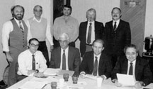 Participants in the "best of" series on laminates were (seated) Sid Kimber, Digital Equipment; Steve Gurley, Rogers; Tony Hilvers, IPC; and Joe Berkowitz, Mica; (standing) Dieter Bergman, IPC; Dwayne Poteet, Texas Instruments; Jack Bramel and Dave McGowan, Polyclad; and John Lampe, Martin-Marietta. Click on the picture for a larger image.