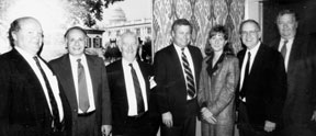 Some of the key participants in our government relations activity. Left to right, R. Wayne Sayer, IPC Govt. Relations Rep.; Sam Altschuler, Altron; Pat Sweeney, Hadco; Thom Dammrich, IPC; Mary Vessely, aide House Armed Services Com.; Ron Underwood, Circuit Center; and David Lovenheim, Northeast Mid-west institute.