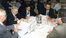 Presidents Meeting at IPC Printed Circuits Expo, with (left to right) Rolly Mettler, Circuit-Wise, Dale Blanchfield, the Bureau Electronics Group, Stephen Mettler, Circuit-Wise, Joel Yocom, Litchfield, and Ren Sanscrainte, Pentex Schweizer. Click on the picture for a larger image.