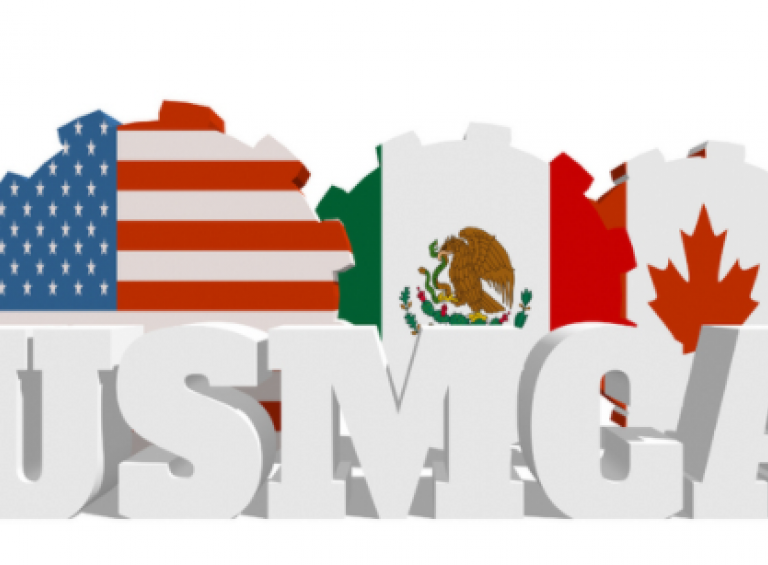 USMCA in front of gears with us flag, mexican flag, candaian flag